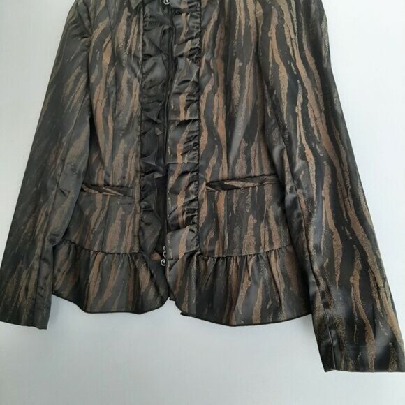 SAMUEL DONG Ruffle Front & Hem Zip-Up Front Blazer Black & Brown Abstract Sz XXS - Picture 10 of 16
